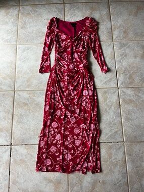 Red Floral Ruched Midi Dress - Elegant Women's Dress